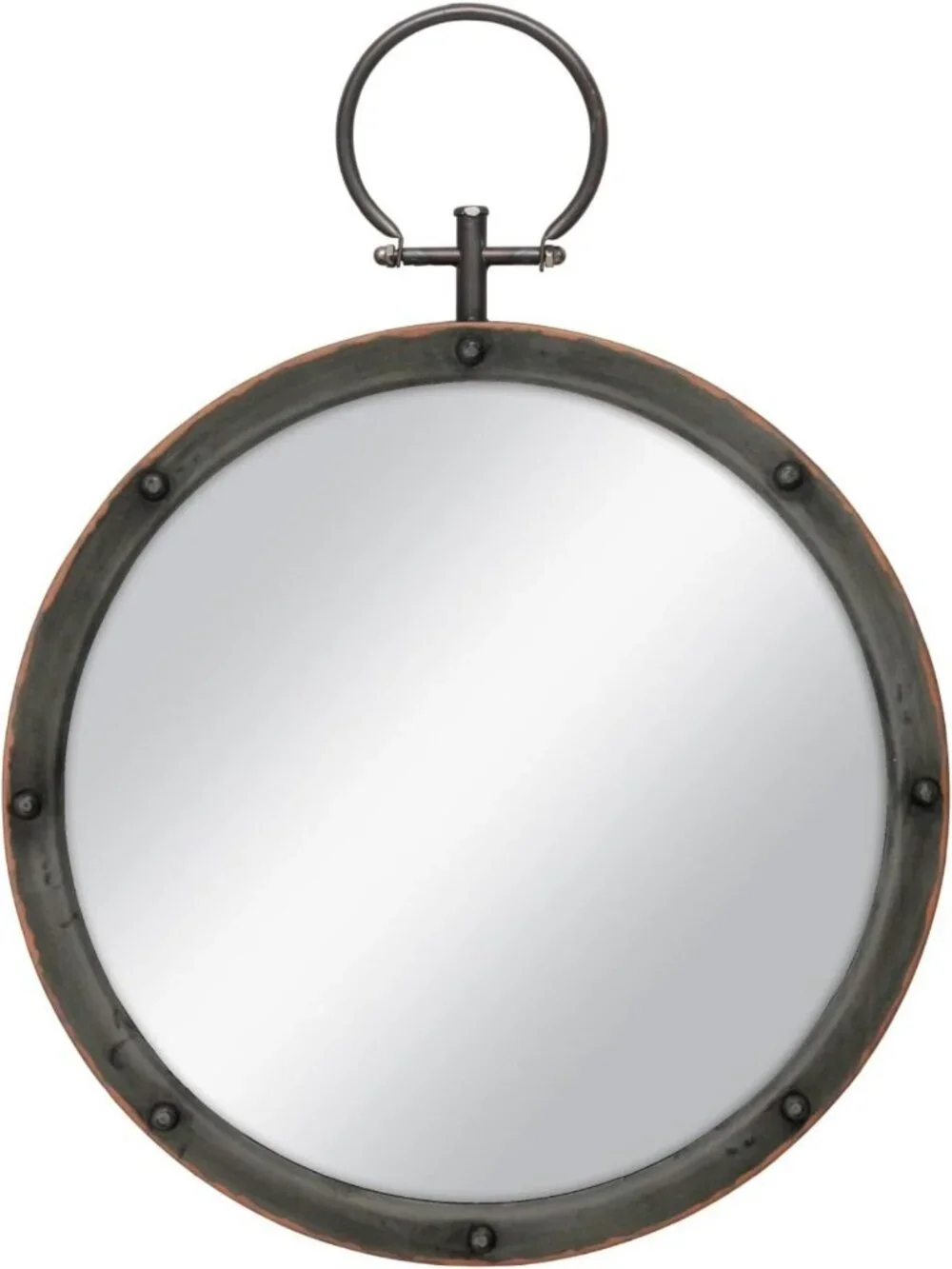 Rustic Bronze Round Metal Mirror with Rivet Detail & Hanging Ring, 21.1